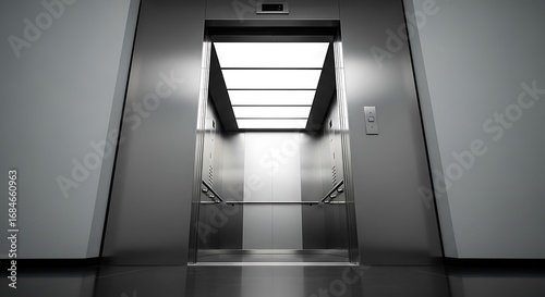 An open elevator with bright interior, showcasing modern design and metallic elements.
