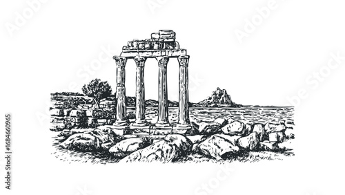 Ancient Greek temple ruins with Corinthian columns by the sea. Vector hand drawn illustration