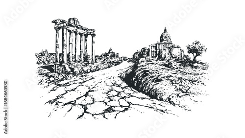 Sketch of Ancient Ruins With a Dome and Columns. Vector hand drawn illustration