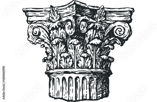 Ornate capital with scrolled volutes and acanthus leaves on a transparent background. Vector hand drawn illustration