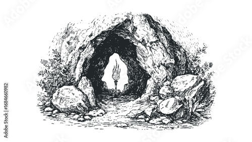 Ancient cave entrance with flickering torch and overgrown foliage. Vector hand drawn illustration