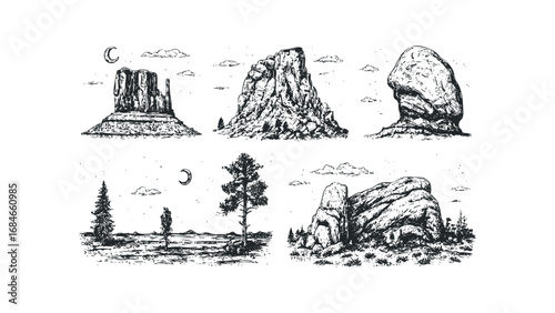 Hand-drawn desert landscape compositions with rock formations and trees under a moonlit sky. Vector hand drawn illustration