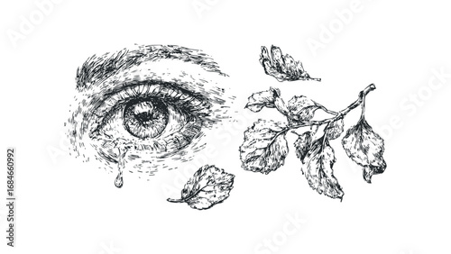 Sketch of a human eye with tear drops next to a branch with autumn leaves. Vector hand drawn illustration