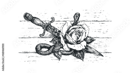 Ornate dagger piercing lush rose entwined with snake. Vector hand drawn illustration