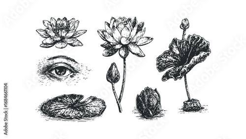 Vintage Botanical Line Art Featuring Lotus Flowers and Eye. Vector hand drawn illustration