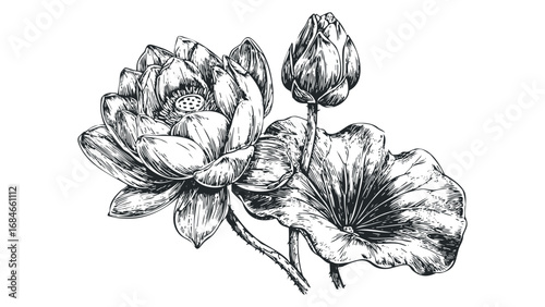 Detailed ink sketch of a blooming lotus flower and bud with leaves. Vector hand drawn illustration