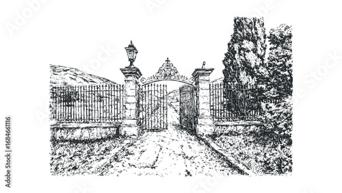 Ornate wrought iron gate with lamp post and cypress trees in a landscaped setting. Vector hand drawn illustration