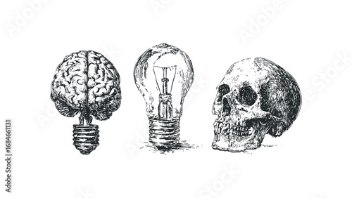 Brain and Skull with Lightbulb Engraving. Vector hand drawn illustration