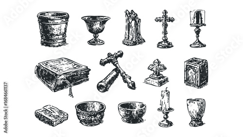 Collection of antique religious and ceremonial objects in a woodcut style. Vector hand drawn illustration