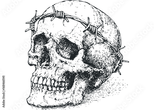Human skull with barbed wire crown sketch on transparent background. Vector hand drawn illustration