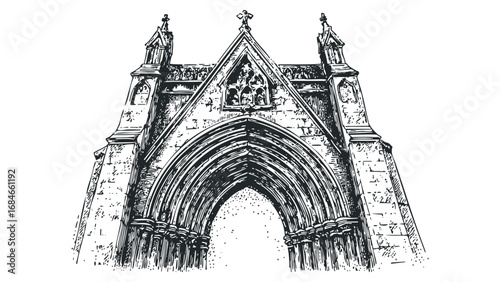 Architectural sketch of a grand stone entryway with gothic arches and spires. Vector hand drawn illustration