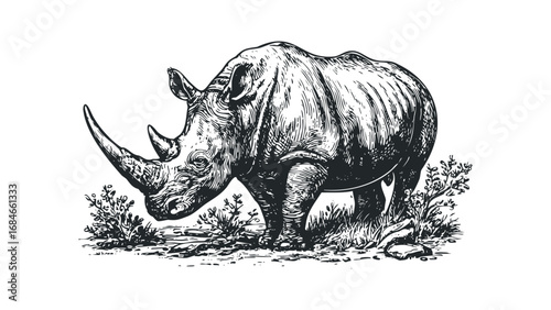 Majestic rhinoceros standing among bushes in scratchboard engraving style. Vector hand drawn illustration