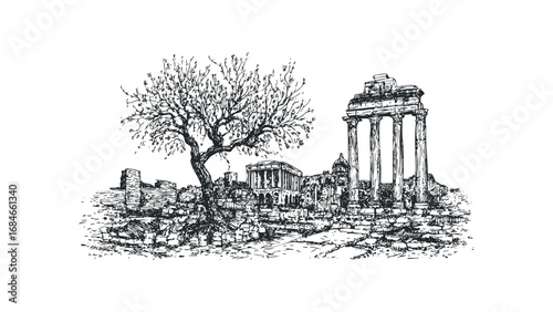 Sketch of ancient stone ruins with columnar architecture and a bare tree. Vector hand drawn illustration
