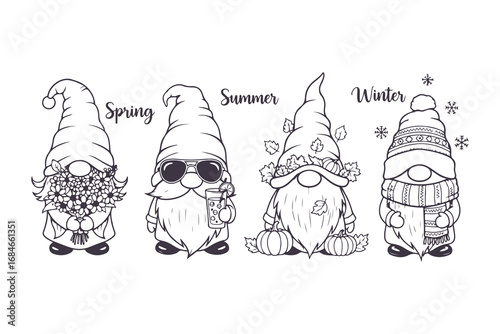 Cute Garden Gnome Vector Set in Different Poses Black and White Illustration