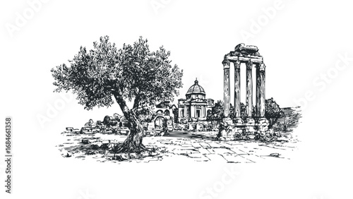 Sketch of ancient ruins with an olive tree on cobblestone path. Vector hand drawn illustration
