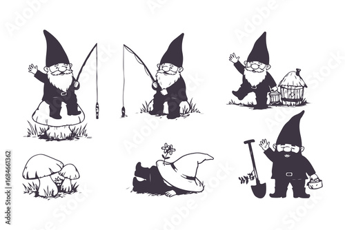 Cute Garden Gnome Vector Set in Different Poses Black and White Illustration