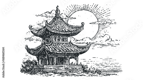 Traditional Asian Pagoda with a Rising Sun and Clouds in a Woodcut Style. Vector hand drawn illustration