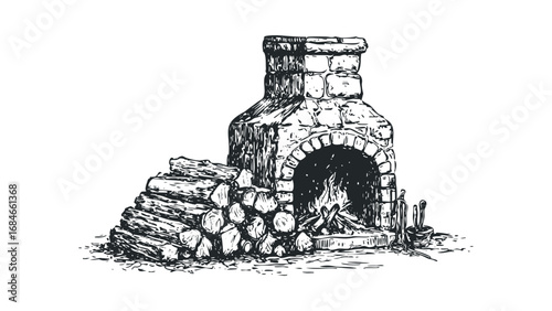 Hand-drawn sketch of a stone fireplace with burning logs and firewood. Vector hand drawn illustration