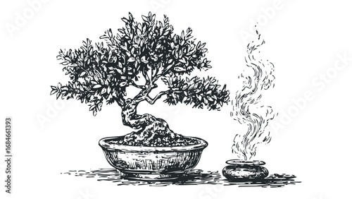 Stylized Sketch of a Bonsai Tree and Incense Smoke Beside Stones. Vector hand drawn illustration