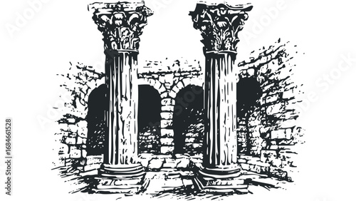 Stone Arches and Classical Columns in an Ancient Architectural Scene. Vector hand drawn illustration