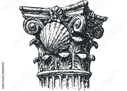 Detailed Sketch of an Ionic Column Capital with Shell Motif. Vector hand drawn illustration