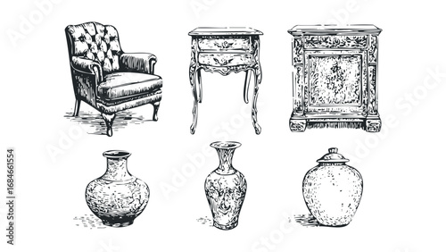 Vintage armchair, cabinet, and vases antique drawing set. Vector hand drawn illustration