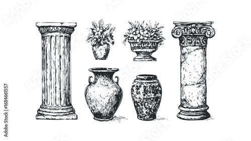 Collection of antique architectural columns and decorative urns. Vector hand drawn illustration