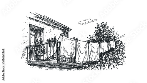 Sketch of laundry drying on a balcony with potted plants and foliage. Vector hand drawn illustration