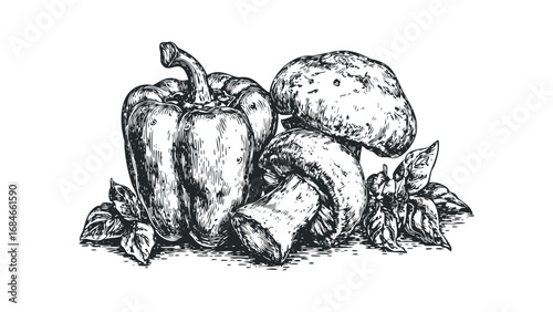 Vintage sketch of bell pepper and mushrooms with basil leaves. Vector hand drawn illustration