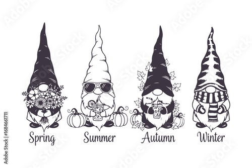 Cute Garden Gnome Vector Set in Different Poses Black and White Illustration