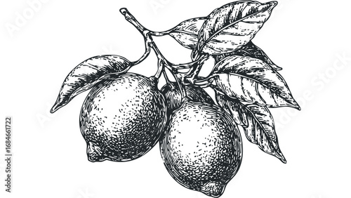 Pristine ink drawing of lemons on a branch with leaves isolated on white. Vector hand drawn illustration
