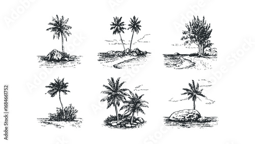 Sketch style tropical beach scenes with palm trees and oceanside views. Vector hand drawn illustration