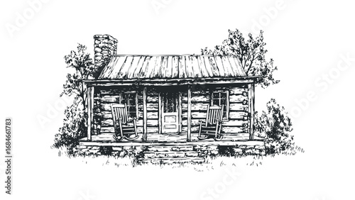Pencil sketch of a rustic log cabin with rocking chairs on the porch and trees. Vector hand drawn illustration