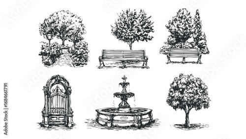 Vintage park elements with trees, benches, gate, and fountain sketch. Vector hand drawn illustration