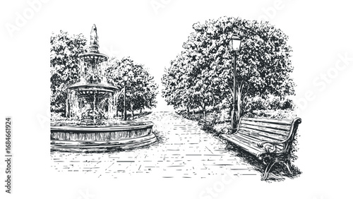 Ornate fountain and benches in a park path with trees. Vector hand drawn illustration