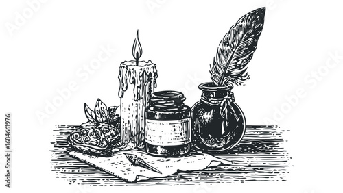 Vintage writing tools including a lit candle, inkwell with quill, and ink bottle on a table. Vector hand drawn illustration