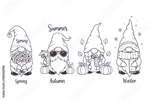 Cute Garden Gnome Vector Set in Different Poses Black and White Illustration
