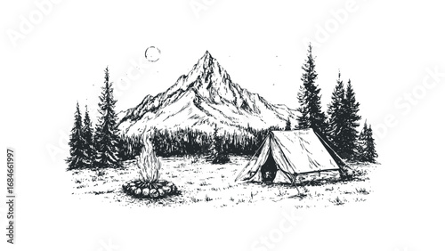 Sketch of a wilderness campsite with a tent and campfire near a mountain. Vector hand drawn illustration