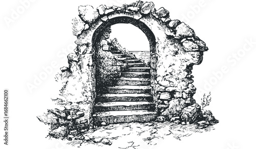 Ancient stone archway with ascending steps leading to the horizon. Vector hand drawn illustration