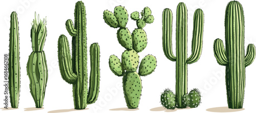 A collection of various desert cactus plants standing tall against a clean white background