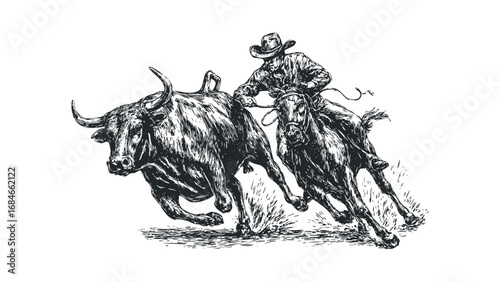 Cowboy riding horse chasing bull on transparent background. Vector hand drawn illustration
