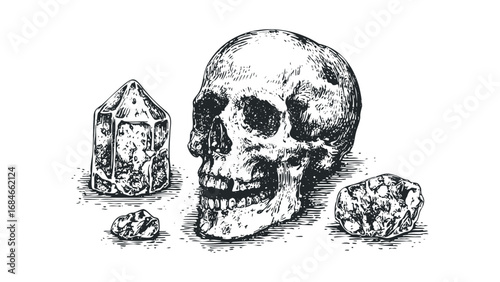 Hand Drawn Skull and Crystals on White. Vector hand drawn illustration