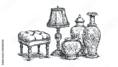 Hand Drawn Sketch of Antique Decorative Objects Including a Lamp and Ornate Vases. Vector hand drawn illustration