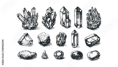Collection of Hand Drawn Crystals and Rocks on Transparent Background. Vector hand drawn illustration