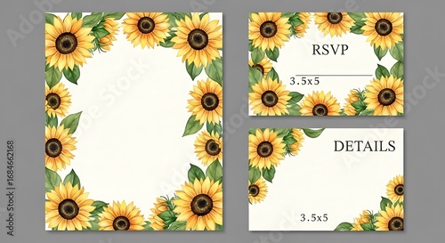 Watercolor Sunflower Invitation Suite with RSVP and Details Cards on Neutral Background