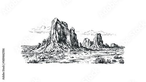 Expansive desert mesa landscape with dramatic rock formations and sparse vegetation. Vector hand drawn illustration
