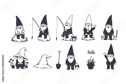 Cute Garden Gnome Vector Set in Different Poses Black and White Illustration
