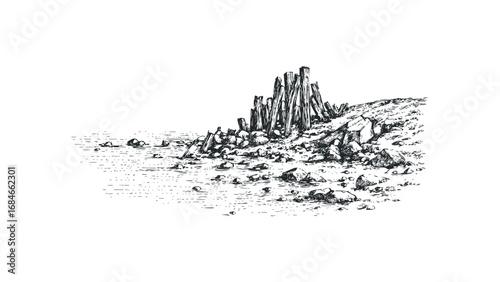 Sketch of Jagged Rock Formations on a Textured Shoreline. Vector hand drawn illustration