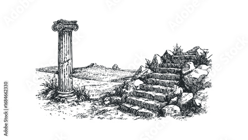 Ancient Greek Ionic column and stone staircase with distant ruins. Vector hand drawn illustration