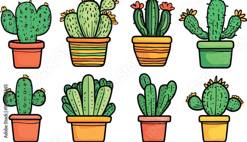 Collection of eight potted cactus plants in various shapes and sizes with vibrant colorful pots